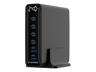 Gembird - Zasilacz - GaN - 240 wat - 5 A - PD, QC 3.0 - 6 złącza wychodzące (2 x USB, 4 x USB-C) - czarny