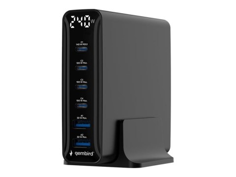 Gembird - Zasilacz - GaN - 240 wat - 5 A - PD, QC 3.0 - 6 złącza wychodzące (2 x USB, 4 x USB-C) - czarny
