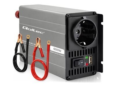 Qoltec - Inwerter DC na AC - fala ms, USB, kompatybilny z akumulatorami LiFePO4 GEL AGM - AC 230 V / DC 12 V - 600 wat - złącza 