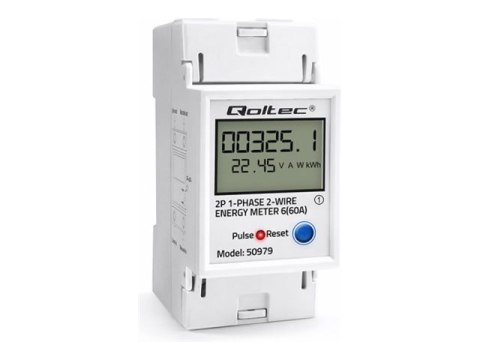 Qoltec - Jednostka monitorująca zasilanie (montaż na szynie DIN) - z resetem, LCD, LED, 2P - AC 230 V - 1 faza - szary