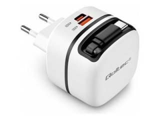 Qoltec - Zasilacz - GaN, 5 - 20 V, 3 - 3,25 A, kabel chowany - 65 wat - 3.25 A - PD/PPS - 2 złącza wychodzące (USB-C, USB) - bia