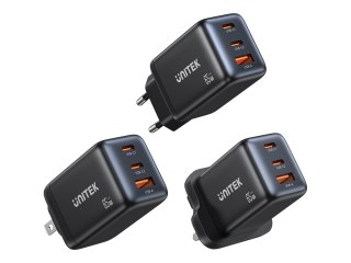 Unitek Zeno - Zasilacz - 65 wat - 3.25 A - Fast Charge, PD 3.0 - 3 złącza wychodzące (2 x USB-C, USB) - czarny - Europa