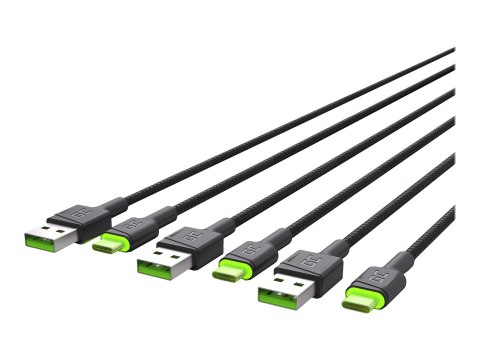 Green Cell GC Ray - Kabel USB - USB (M) do USB-C (M) zielone podświetlenie LED - 1.2 m - czarny (pakiet 3)