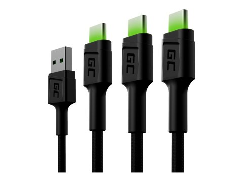 Green Cell GC Ray - Kabel USB - USB (M) do USB-C (M) zielone podświetlenie LED - 1.2 m - czarny (pakiet 3)
