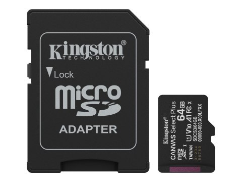 Kingston Canvas Select Plus - Karta pamięci flash (adapter microSDXC na SD w zestawie) - 64 GB - A1 / Video Class V10 / UHS-I U1