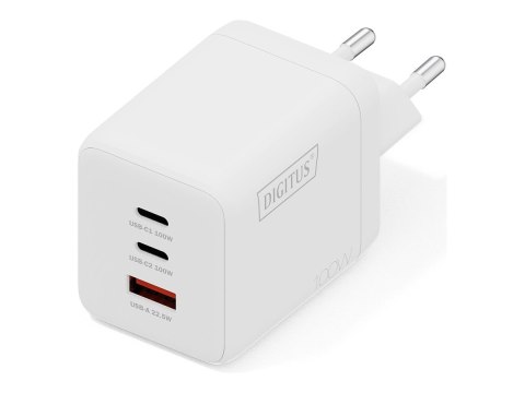 Digitus - Zasilacz - GaN - 100 wat - 2 A - 3 złącza wychodzące (2 x USB-C, USB) - biały