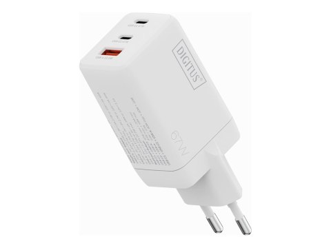 Digitus - Zasilacz - GaN - 67 wat - 2 A - 3 złącza wychodzące (2 x USB-C, USB) - biały