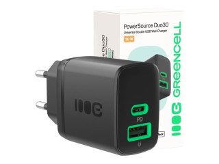 Green Cell PowerSource Duo30 - Zasilacz - 30 wat - 3 A - PD 3.0, GC Ultra Charge - 2 złącza wychodzące (USB-C, USB) - czarna pan