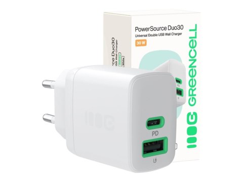 Green Cell PowerSource Duo30 - Zasilacz - 30 wat - 3 A - PD 3.0, GC Ultra Charge - 2 złącza wychodzące (USB-C, USB) - śnieżnibia