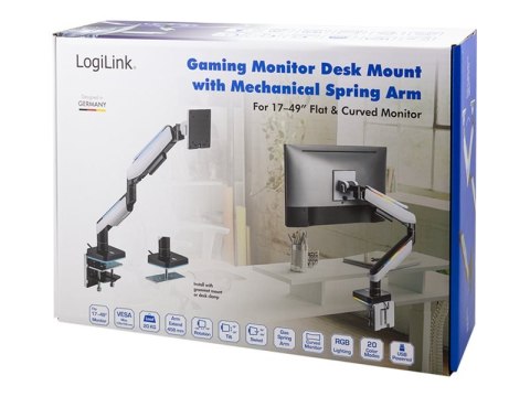 LogiLink - Zestaw do montażu (ramię przegubowe, podstawa montowana na zacisk, zacisk grumotu) - Sprężyna Gazowa - dla wyświetlac
