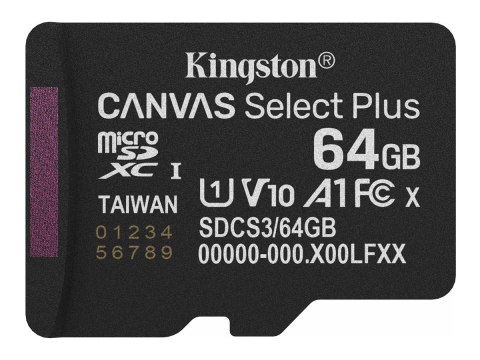 Kingston Canvas Select Plus - Karta pamięci flash - 64 GB - A1 / Video Class V10 / UHS-I U1 / Class10 - microSDXC UHS-I