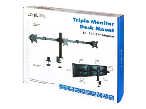 LogiLink - Zestaw do montażu (zacisk, zacisk grumotu, słupek, 2 ramiona wysuwane) - dla 3 wyświetlacze LCD - stal - czarny - roz